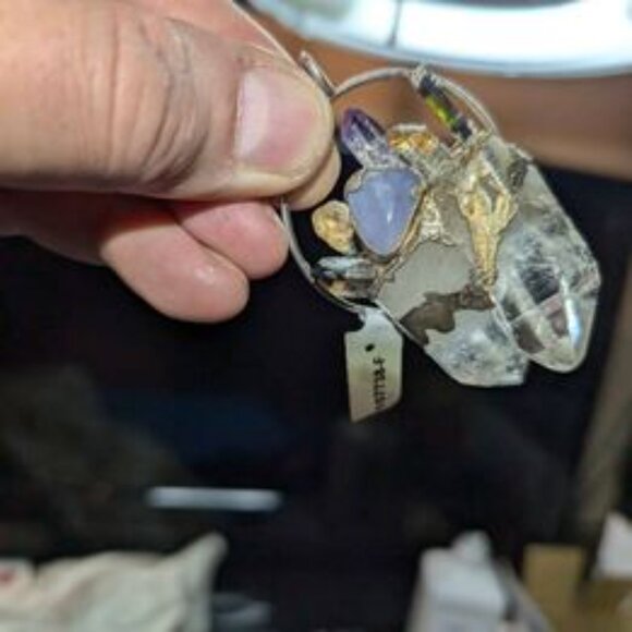 Sterling Silver & Goldtone 2 Large Quartz Crystals an Other Gemstones Pendant - Picture 8 of 8